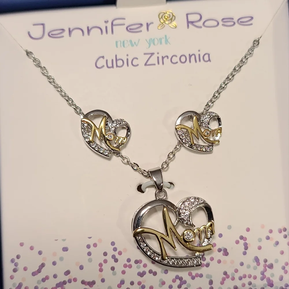 CZ Silver/Gold Plated Mom Heart Pendant Necklace With Matching Earrings Gift Set - Picture 4 of 7